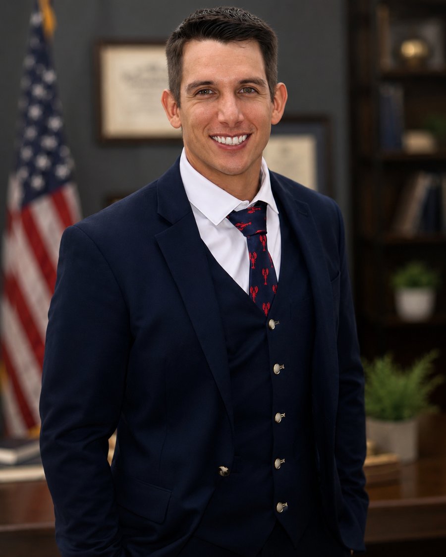 Professional portrait of Dan, owner of Dan's Front Range Notary, wearing a navy suit in an office setting.